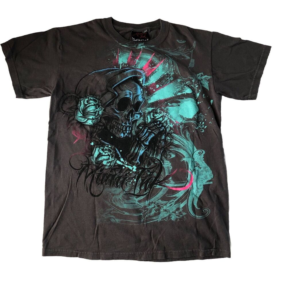 Miami Ink Mens Gray Tee Reaper Roses Teal Size Small